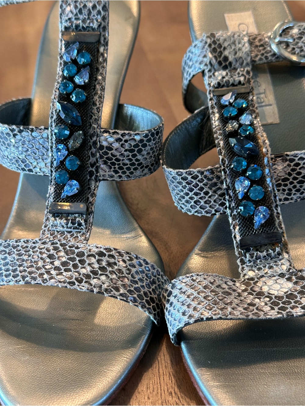 Olivia Rose Tal Gray Snake-Print Sandals with Blue Crystal Details